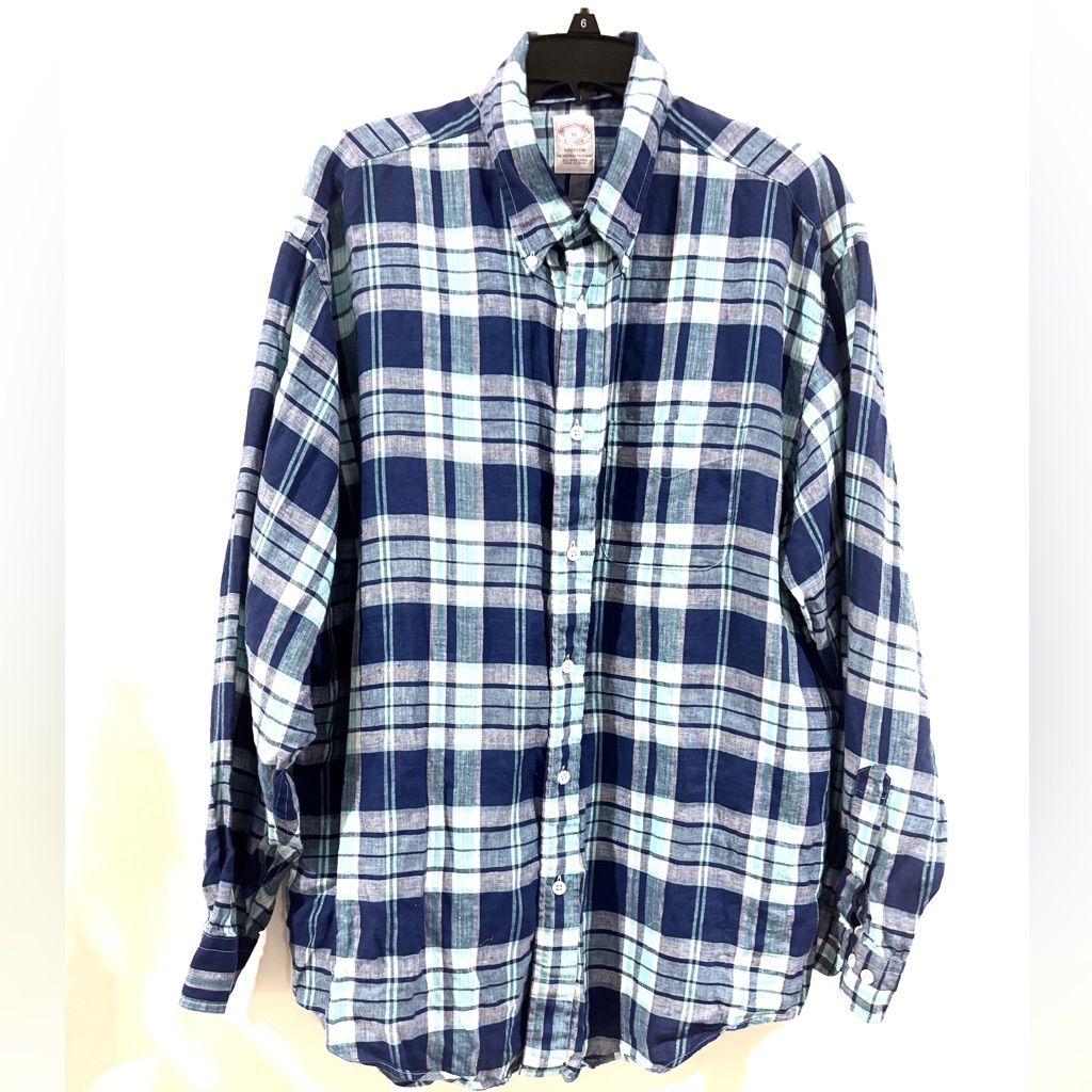 Brooks Brothers Men's Madison 100% Linen Blue Plaid Button Down Shirt
